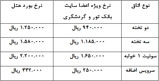لیست قیمت هتل آریو برزن ، شیراز