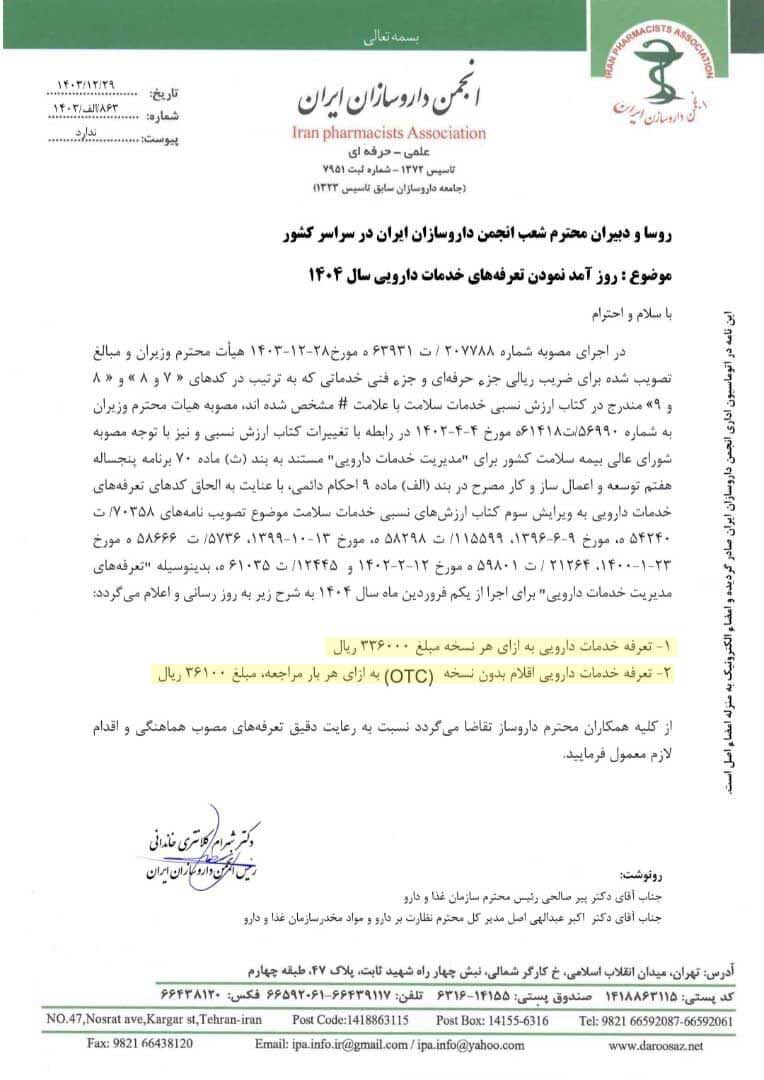 حق فنی داروخانه 1404